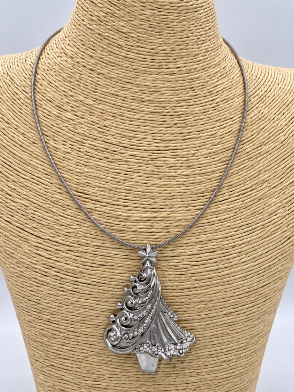2-in-1 Rhinestone Christmas Tree Necklace & Brooch Silver Tone Holiday Jewelry